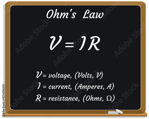 Ohm's Law Formula on a black chalkboard. Education. Science. Formula. Vector illustration.