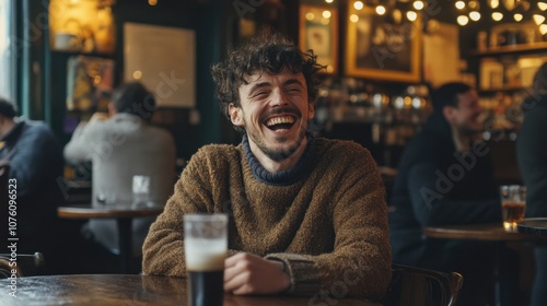 Joyful Man Enjoying Drink in Cozy Cafe Setting