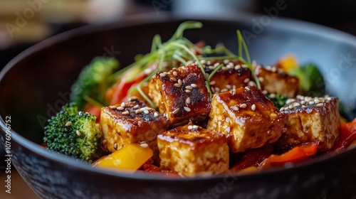 Vibrant tofu stir fry with colorful bell peppers and broccoli, topped with sesame seeds photo