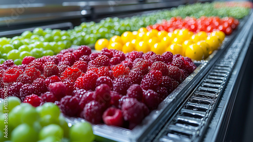 Fresh selection of colorful fruits including grapes, tomatoes, and berries in market display