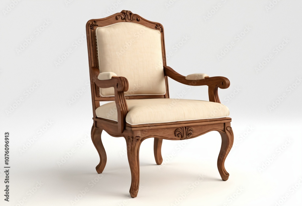 3D model of a classic wooden chair with soft cushions, isolated on a white background. Ai generated images 3D model of a classic wooden chair with soft cushions, isolated on a white background. Ai generated images