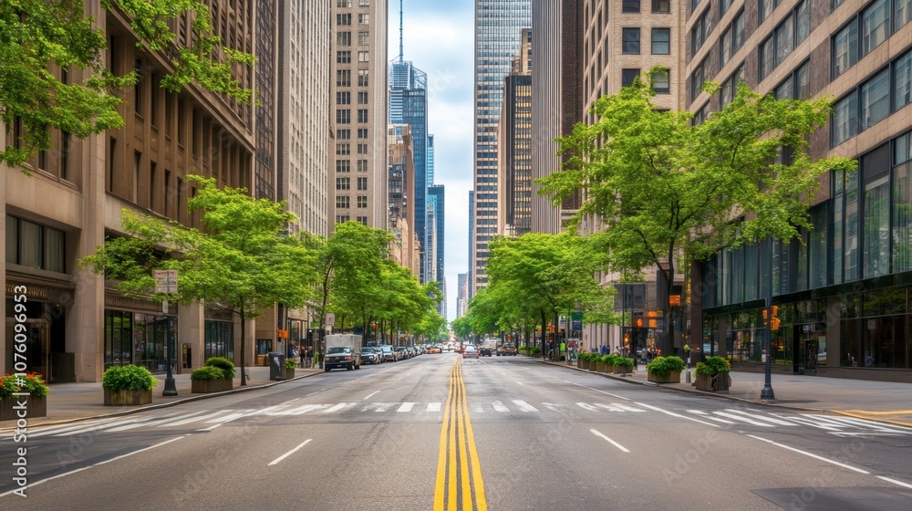 City Street with Tall Buildings and Green Trees City Street with Tall Buildings and Green Trees