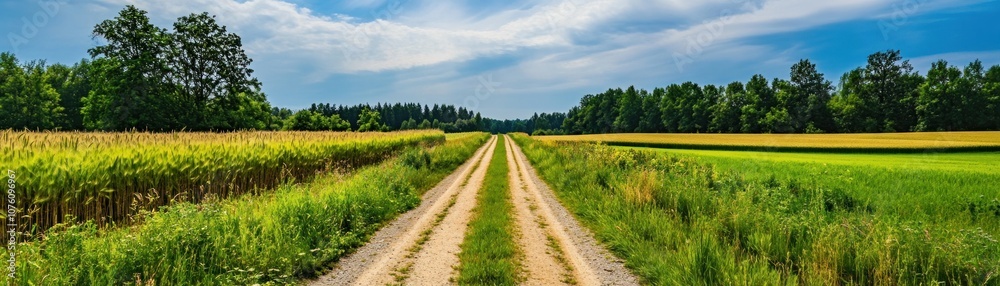 A serene dirt path flanked by lush fields under a blue sky. A serene dirt path flanked by lush fields under a blue sky.