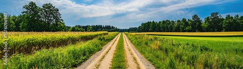 A serene dirt path flanked by lush fields under a blue sky.