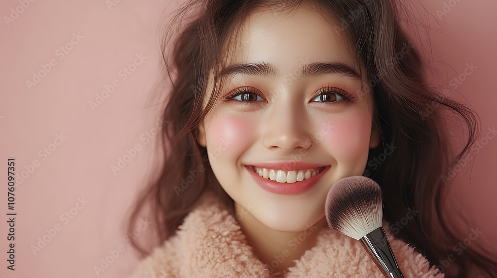 A candid shot of a girl beaming with joy, holding a makeup brush up to her cheek, a light, neutral background adding elegance, even, soft lighting to emphasize her glowing complexion, A candid shot of a girl beaming with joy, holding a makeup brush up to her cheek, a light, neutral background adding elegance, even, soft lighting to emphasize her glowing complexion,
