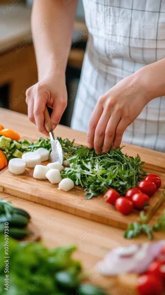 Chopping fresh vegetables on a wooden board for a healthy meal, AI Chopping fresh vegetables on a wooden board for a healthy meal, AI