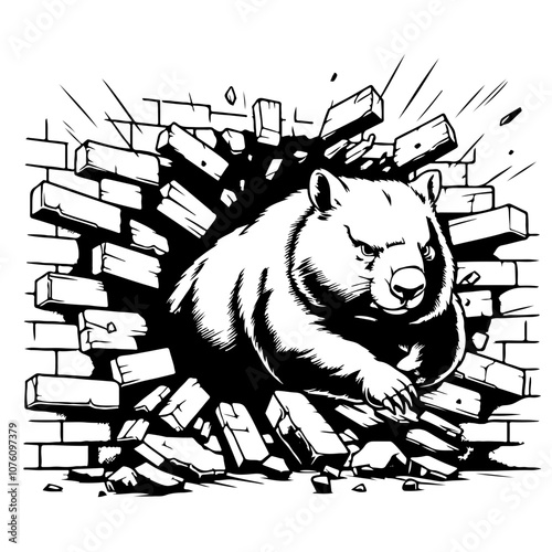 Wombat Smashing Through Brick Wall Vector Logo