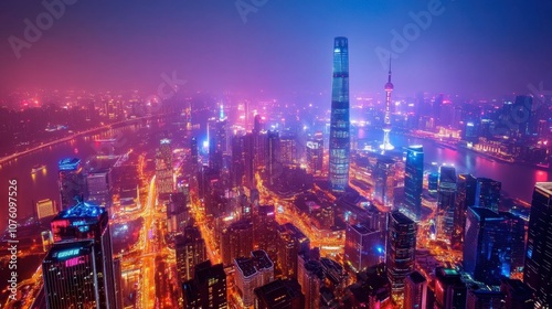 Vibrant Cityscape at Night with Neon Lights