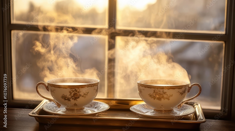 Antique teacups with steam rising in soft light near open window Antique teacups with steam rising in soft light near open window
