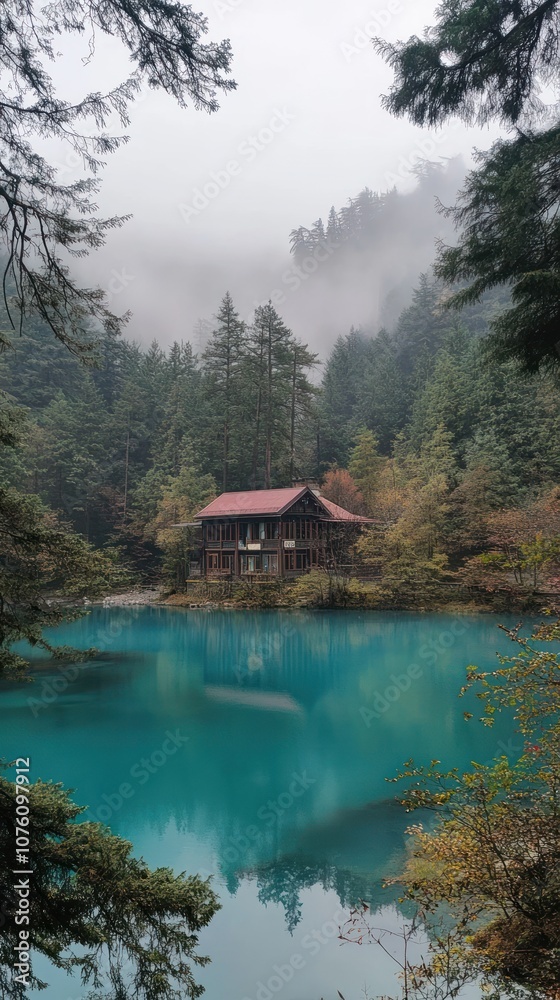 Fototapeta premium Photograph of a turquoise lake in the foreground, a forest with tall trees on one side, and a small house with dark windows and a red roof on the other side, in a foggy setting. 