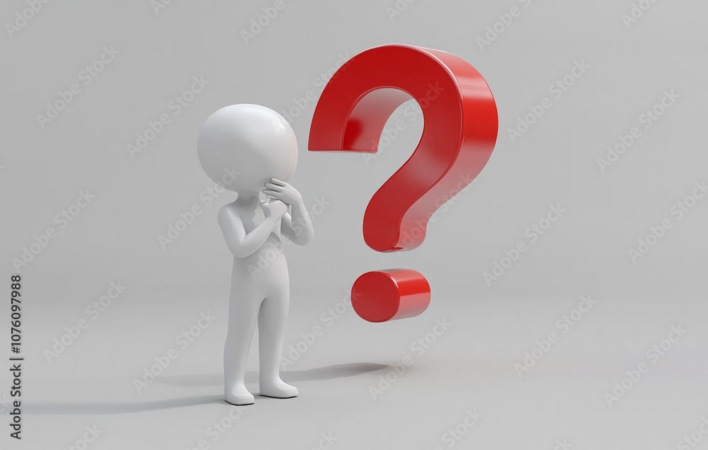 3D White Humanoid Character Thoughtfully Staring at Large Red Question Mark on Light Gray Background, Concept of Pondering and Uncertainty 3D White Humanoid Character Thoughtfully Staring at Large Red Question Mark on Light Gray Background, Concept of Pondering and Uncertainty