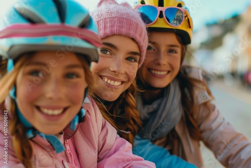 Parents smile lovingly while holding their baby, framed by pastel balloons, while another family enjoys outdoor bike rides, filling the scene with happiness and activity. photo