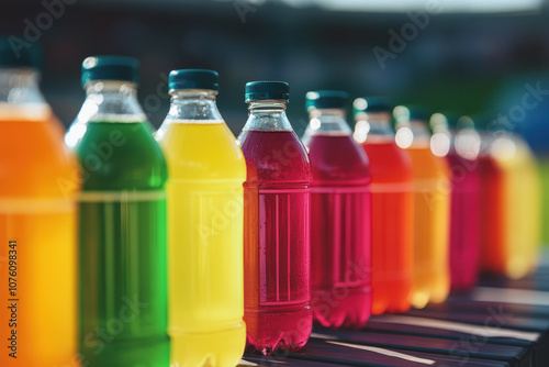 row of colorful plastic bottles of sports drinks photo