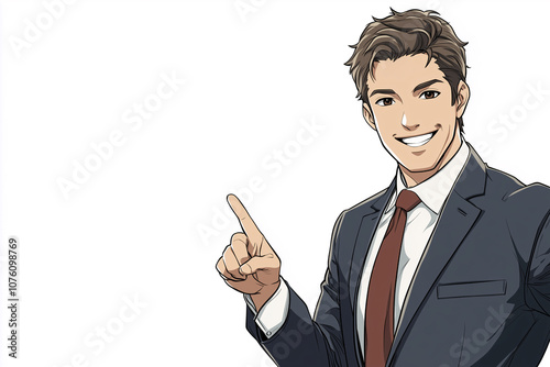 指さしポーズをするスーツを着た笑顔の男性