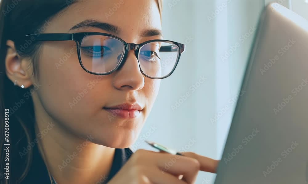 focused female student analyzing information in online class focused female student analyzing information in online class