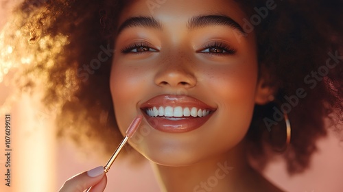 A girl applying lip gloss with an applicator while smiling, neutral background for simplicity, soft light creating a warm glow, hd quality, detailed close-up, professional beauty shot,