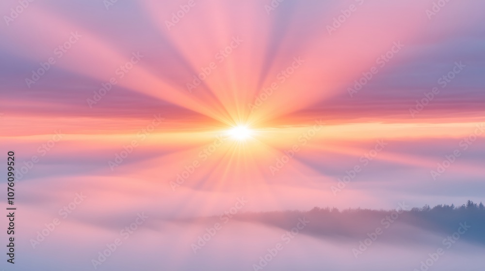 Fototapeta premium Sunrise over a misty landscape with vibrant rays of light, AI