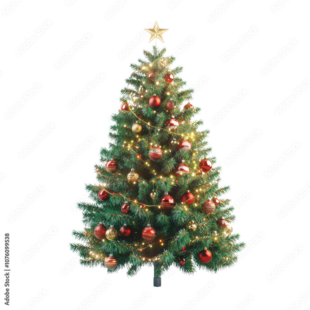 Fototapeta premium Decorated Christmas Tree Isolated on White Background with Holiday Decorations