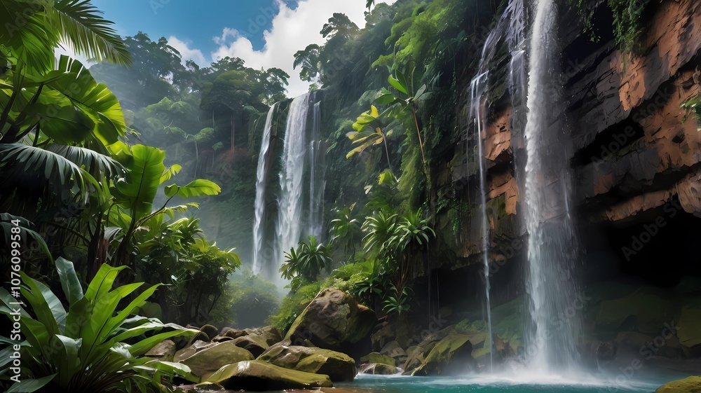 Fototapeta premium Close up shot, very detailed the Big Drop of water, wonderful tropics place waterfall on background