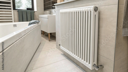 Wallpaper Mural radiator on a wall.Modern Radiator in a Minimalist Bathroom: Combining Function and Style for an Efficient Heating Solution Torontodigital.ca