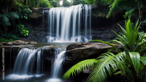 Close up shot, very detailed the Big Drop of water, wonderful tropics place waterfall on background
