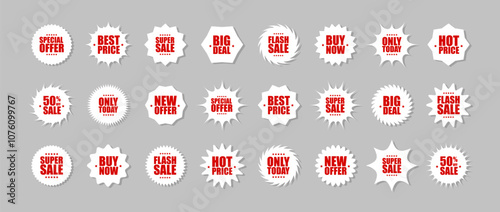 Starburst and sunburst price tags. Bursting shape speech bubbles set. Shopping labels collection. Vector illustration.
