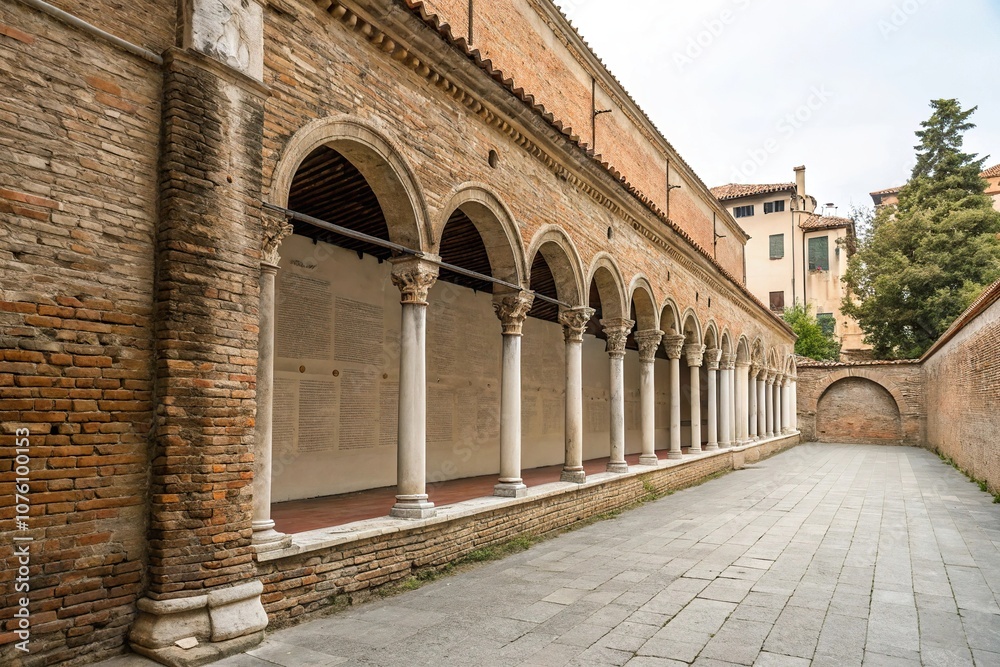 Fototapeta premium Historic brick wall with arches and columns, heritage, antique, traditional