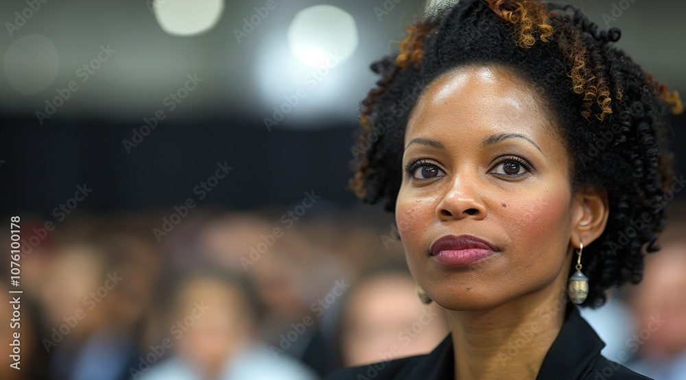 Black business seminar attendee asks question while sitting in audience at convention center. Black business seminar attendee asks question while sitting in audience at convention center.