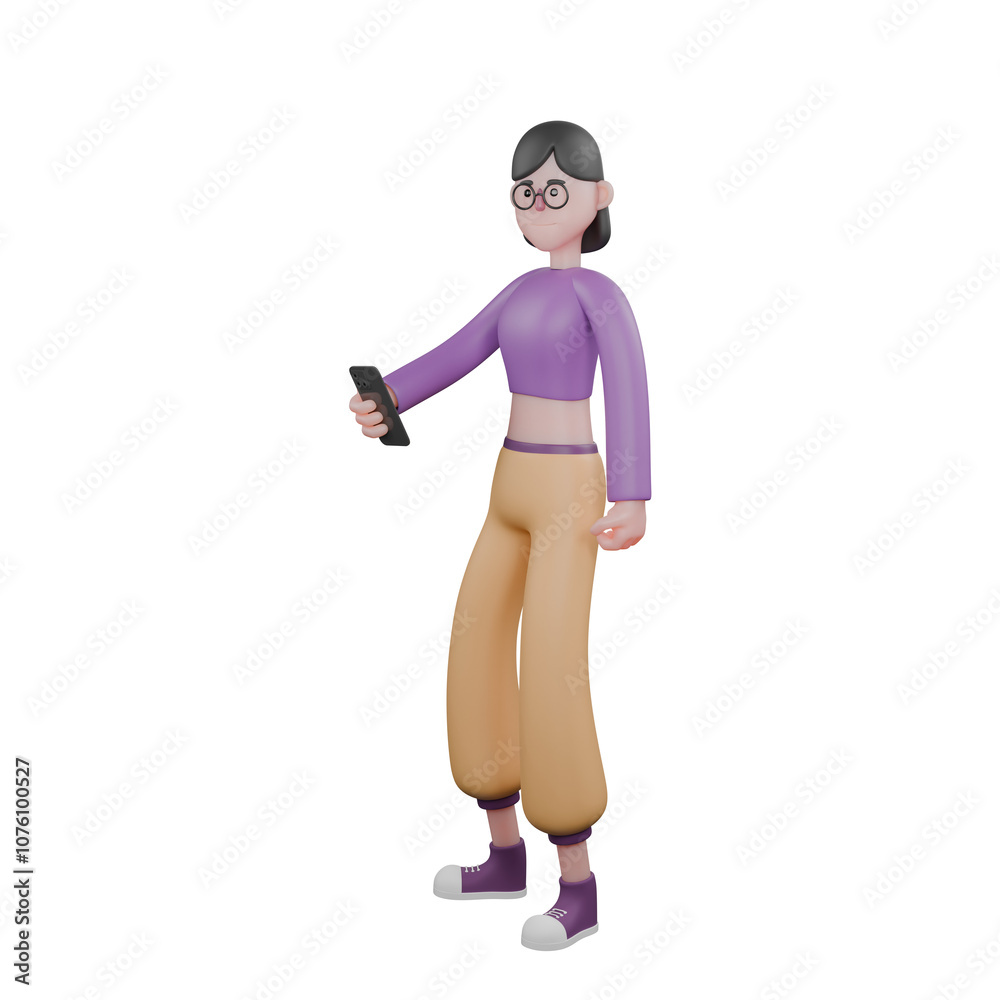 Cartoon Dance Performer in 3D Illustration. A female dancer stands with a smartphone in her hand with a smiling expression. Performance Artist Cartoon Dance Performer in 3D Illustration. A female dancer stands with a smartphone in her hand with a smiling expression. Performance Artist