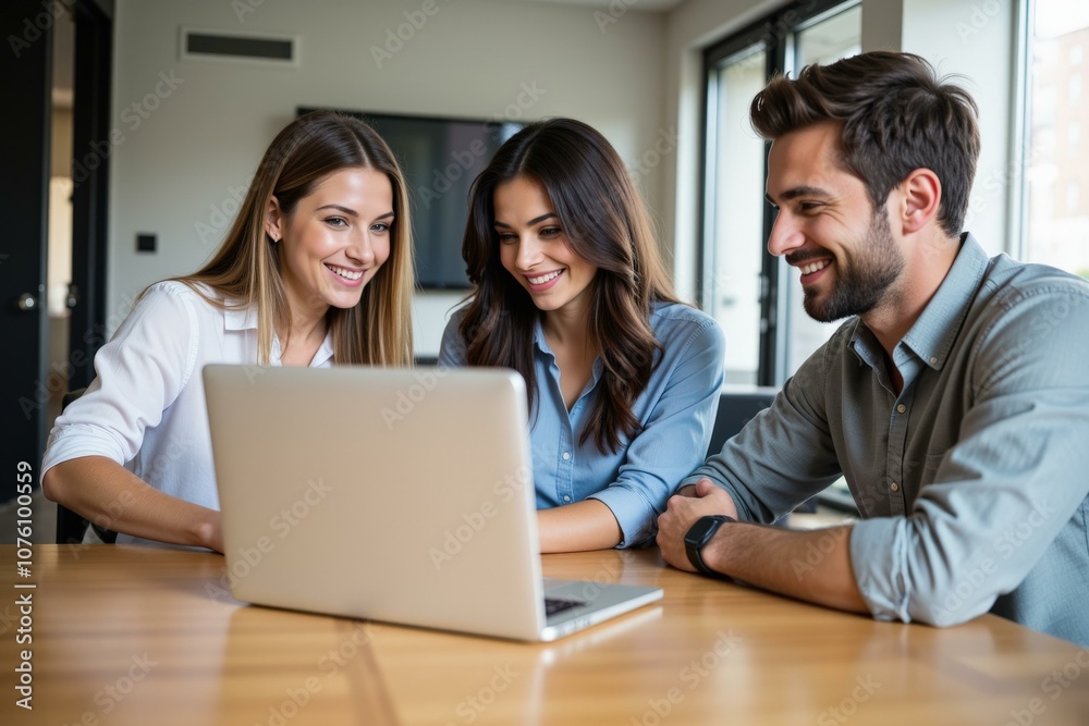 Happy Team Collaboration in Modern Office Setting Using Laptops for Productivity and Innovation Happy Team Collaboration in Modern Office Setting Using Laptops for Productivity and Innovation