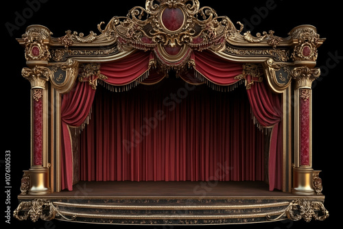 Elegant Theater Stage with Red Curtain and Ornate Decor, Classic Theater Scene with Red Curtains and Luxurious Design, Opulent Theater Interior with Red Curtains and Decorative Elements.