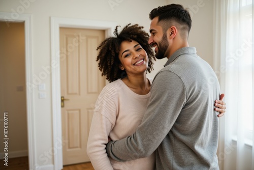 Happy Couple Embracing in Cozy Living Room - Perfect for Romantic Greeting Cards, Home Decor, and Social Media Posts