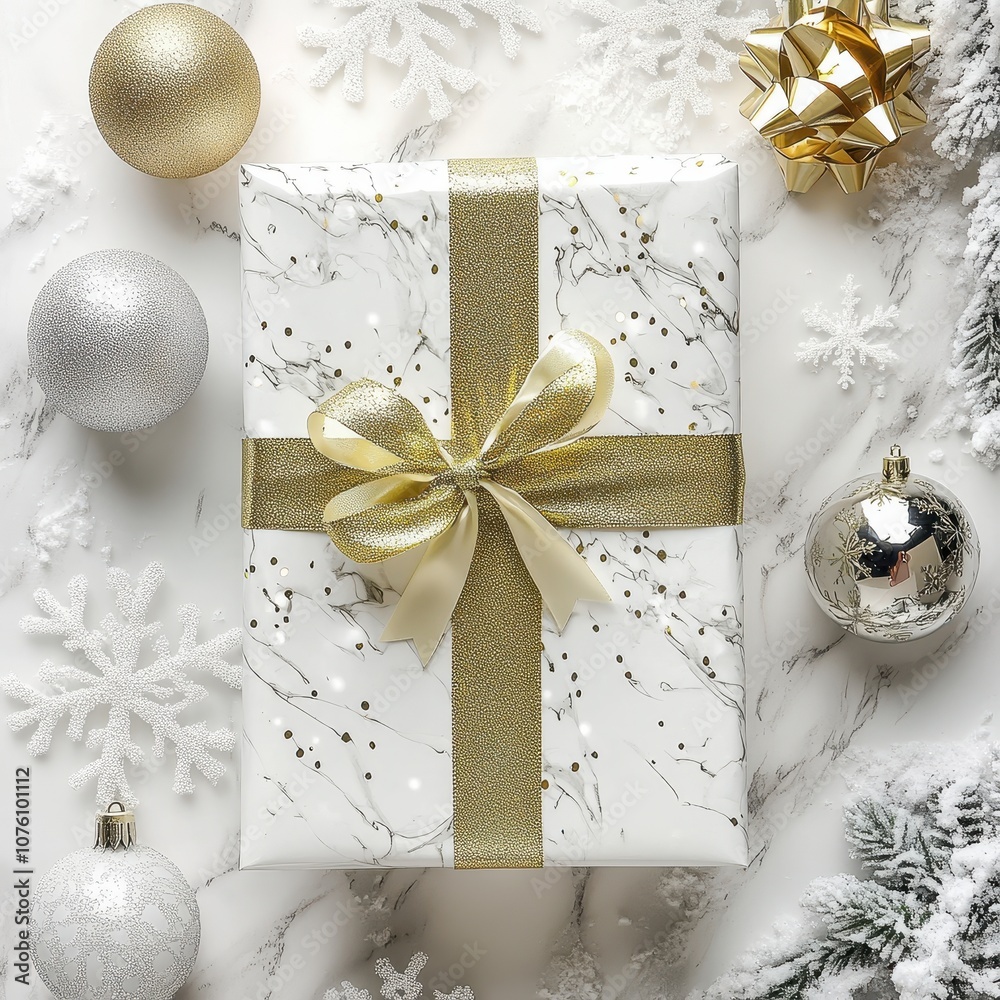 A beautifully wrapped Christmas gift with a gold ribbon, surrounded by festive ornaments and snowflakes, isolated on a clean white background, vibrant colors, detailed textures.