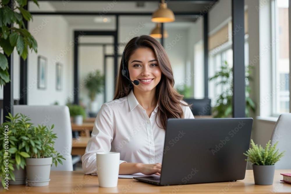 Professional Woman Working on Laptop in Modern Office with Plants and Coffee Cup - Ideal for Business and Technology Websites Professional Woman Working on Laptop in Modern Office with Plants and Coffee Cup - Ideal for Business and Technology Websites