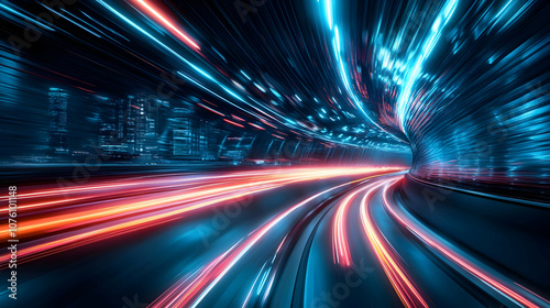 Abstract Background with Neon Lights and Cityscape