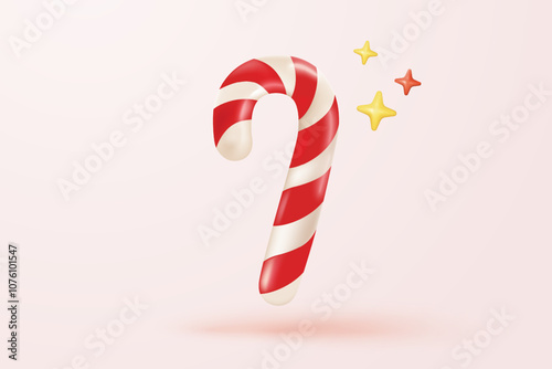 3d confetti with spiral icon signs for surprise on new year. Christmas holiday ornaments levitating. Red colours white glass candy cane, golden stars. 3d sphere glossy icon vector render illustration