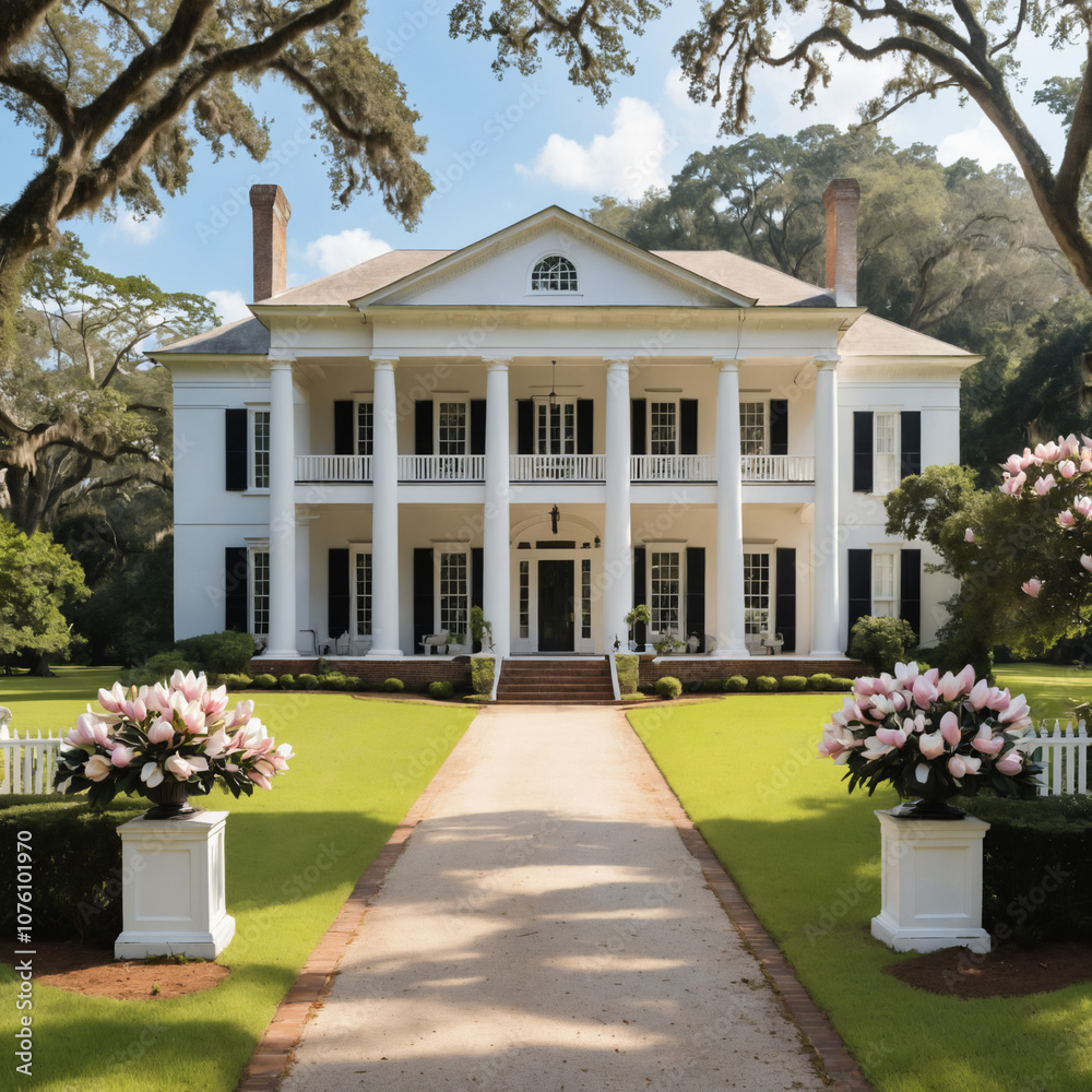 Fototapeta premium A grand Southern mansion bathed in the golden light of sunset