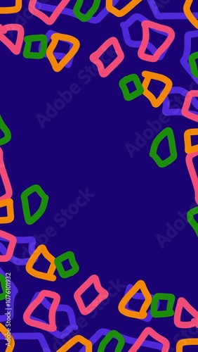 Blue background, colorful, scattered, hand drawn, geometric shapes. 
