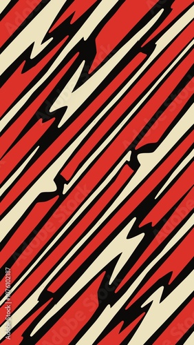 Diagonal stripes, red, black, cream, jagged edges. 