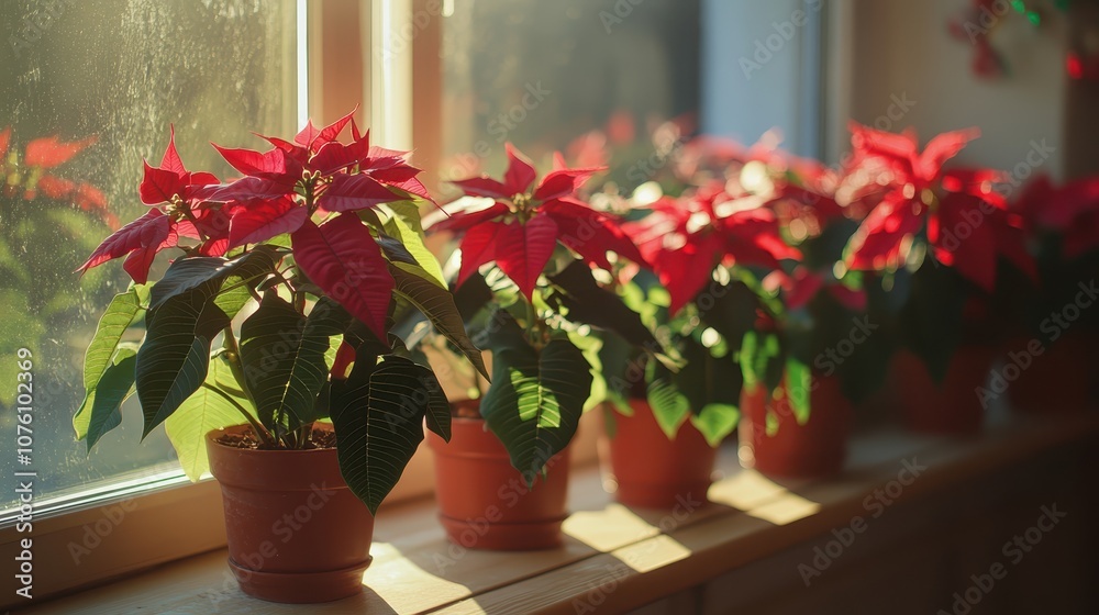 Fototapeta premium A collection of poinsettia plants arranged in decorative pots, lining the windowsill and adding festive cheer to a cozy living room.