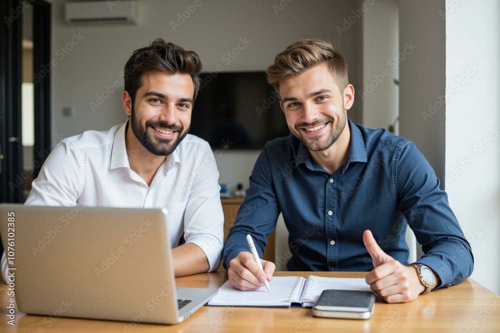 Two Businessmen Collaborating on Laptop in Modern Office Setting, Smiling and Giving Thumbs Up, Ideal for Teamwork and Productivity Concepts Two Businessmen Collaborating on Laptop in Modern Office Setting, Smiling and Giving Thumbs Up, Ideal for Teamwork and Productivity Concepts