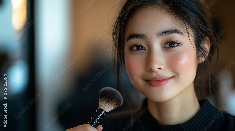 A young woman applying blush to her cheeks with a makeup brush, neutral background for emphasis, soft lighting creating a soft glow, hd quality, professional-grade detail, photorealistic capture, A young woman applying blush to her cheeks with a makeup brush, neutral background for emphasis, soft lighting creating a soft glow, hd quality, professional-grade detail, photorealistic capture,