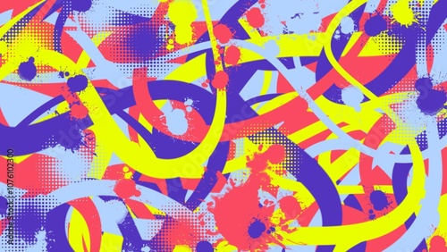 Abstract colorful background with paint splatters and dots. 
