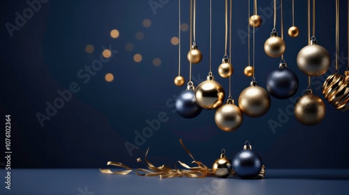 elegant christmas scene with navy blue background golden and blue glass ornaments suspended on delicate ribbons minimalist holiday composition8k photography,