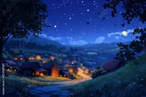 A quaint village nestled in a valley under a starlit sky.  The moon illuminates the winding road leading to the homes with warm, inviting lights. photo