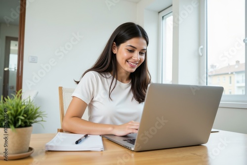 Young Woman Working on Laptop in Bright, Modern Home Office Setting, Ideal for Remote Work or Study Concepts