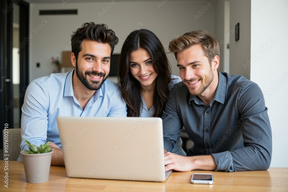 Happy Team Collaboration in Modern Office Setting Using Laptop for Business Success Happy Team Collaboration in Modern Office Setting Using Laptop for Business Success