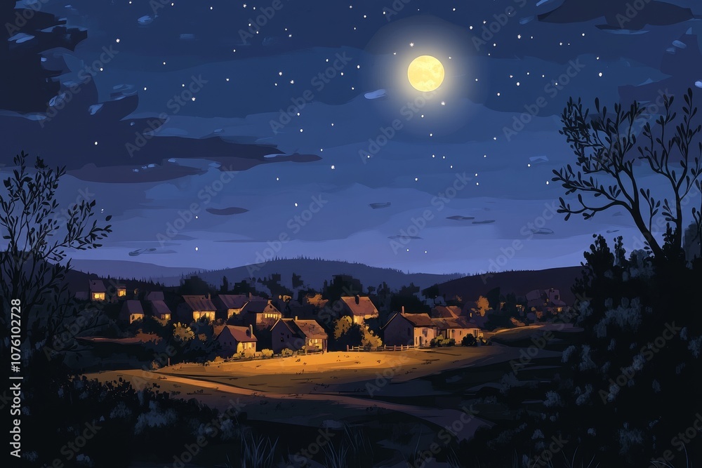 Naklejka premium A quaint village nestled in a valley under a full moon and starry sky.