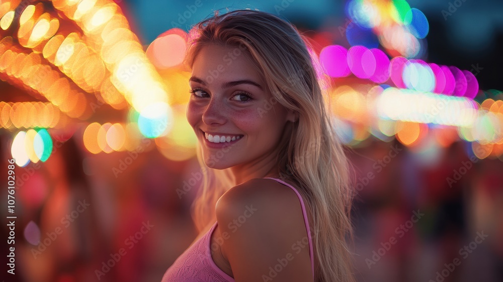 A joyful young blonde woman smiles brightly at a night festival, surrounded by vibrant, colorful bokeh lights. Her carefree expression captures the lively energy of the urban event. A joyful young blonde woman smiles brightly at a night festival, surrounded by vibrant, colorful bokeh lights. Her carefree expression captures the lively energy of the urban event.