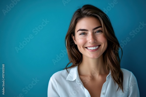 Smiling brightly, a Caucasian woman in a white shirt poses confidently against a turquoise backdrop, highlighting her charm and beauty.